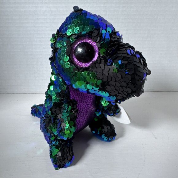 Beanie Boos Crunch The Dinosaur Flip Sequins Purple/Green/Black Sparkly Eyes 7" - Picture 4 of 7